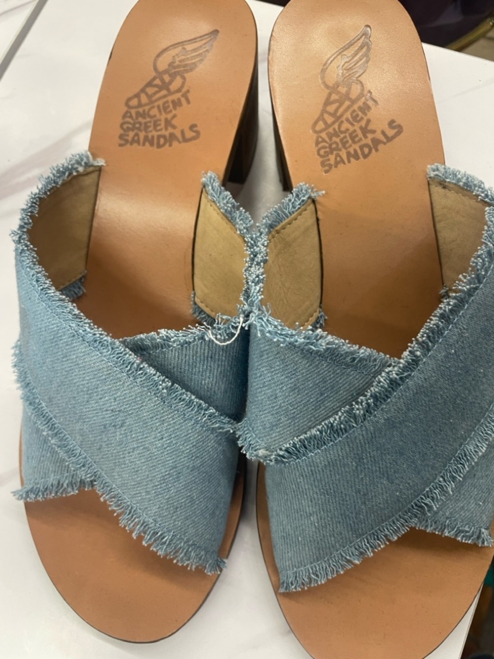 Ancient Greek Sandals Light Blue Denim Crisscross Mules